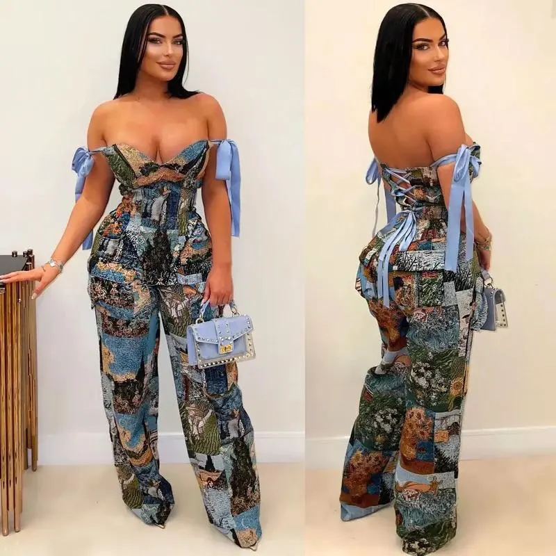 Women's Adjustable Off-Shoulder Corset & Wide-Leg Trouser 2-Piece Set, Lace-Up Back Vintage Art Print Outfit for Vacation, Birthday Bag Vibe ,  Slim, Top