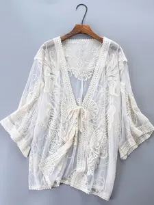 Women's Embroidery Sheer Tie Front Cover Up Outerwear, Casual Cover Up Outerwear for Beach Vacation, Ladies Swimwear for Summer, Swimwear Coverups