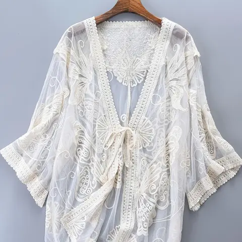 Women's Embroidery Sheer Tie Front Lightweight Cover Up Outerwear, Casual Cover Up Outerwear for Beach Vacation, Ladies Swimwear for Summer, Swimsuit Cover Up Sheer Cover Ups, Beach Coverups, Swimsuits Cover Ups