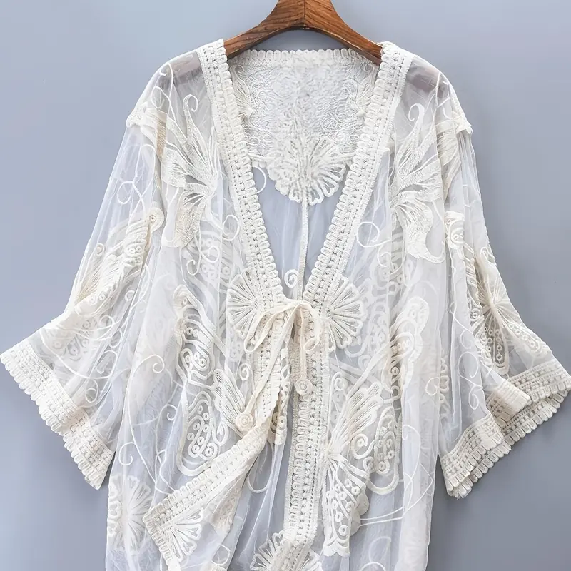 Women's Embroidery Sheer Tie Front Lightweight Cover Up Outerwear, Casual Cover Up Outerwear for Beach Vacation, Ladies Swimwear for Summer, Swimsuit Cover Up Sheer Cover Ups, Beach Coverups, Swimsuits Cover Ups