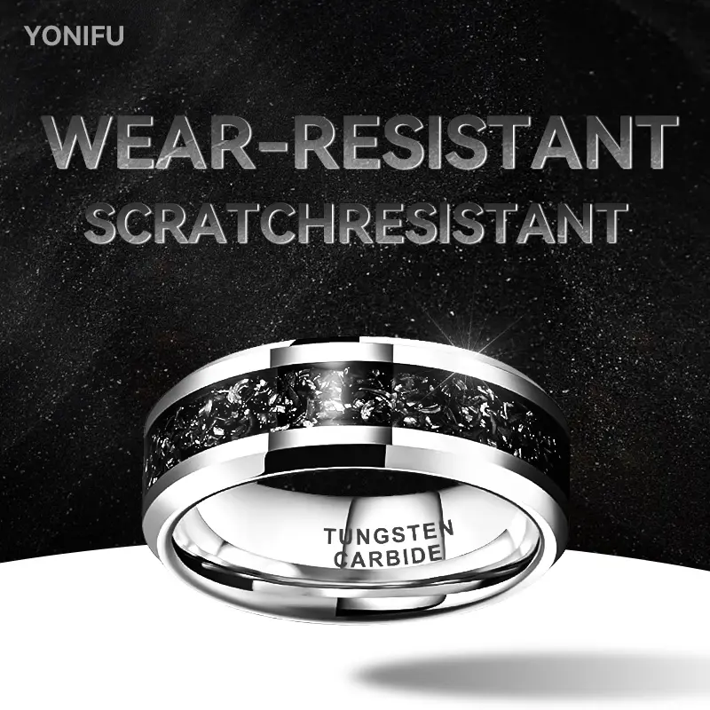 Yonifu 8mm Black Tungsten Carbide Ring for Men and Women, Modern Wedding Band with Dark Stone Inlay, Polished Comfort Fit and Scratch Resistant, 8Mm Tungsten Carbide Black Ring, 8Mm Width