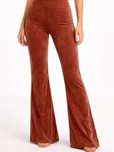 Women's Rust Brown Velvet-Look Flare Pants – High Rise Pull-On Bell Bottom Trousers
