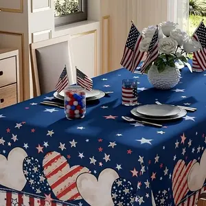 Patriotic Polyester Tablecloth, Star Design, Washable Rectangular, Ideal for Home Parties, Independence Day, Memorial Day Decorations