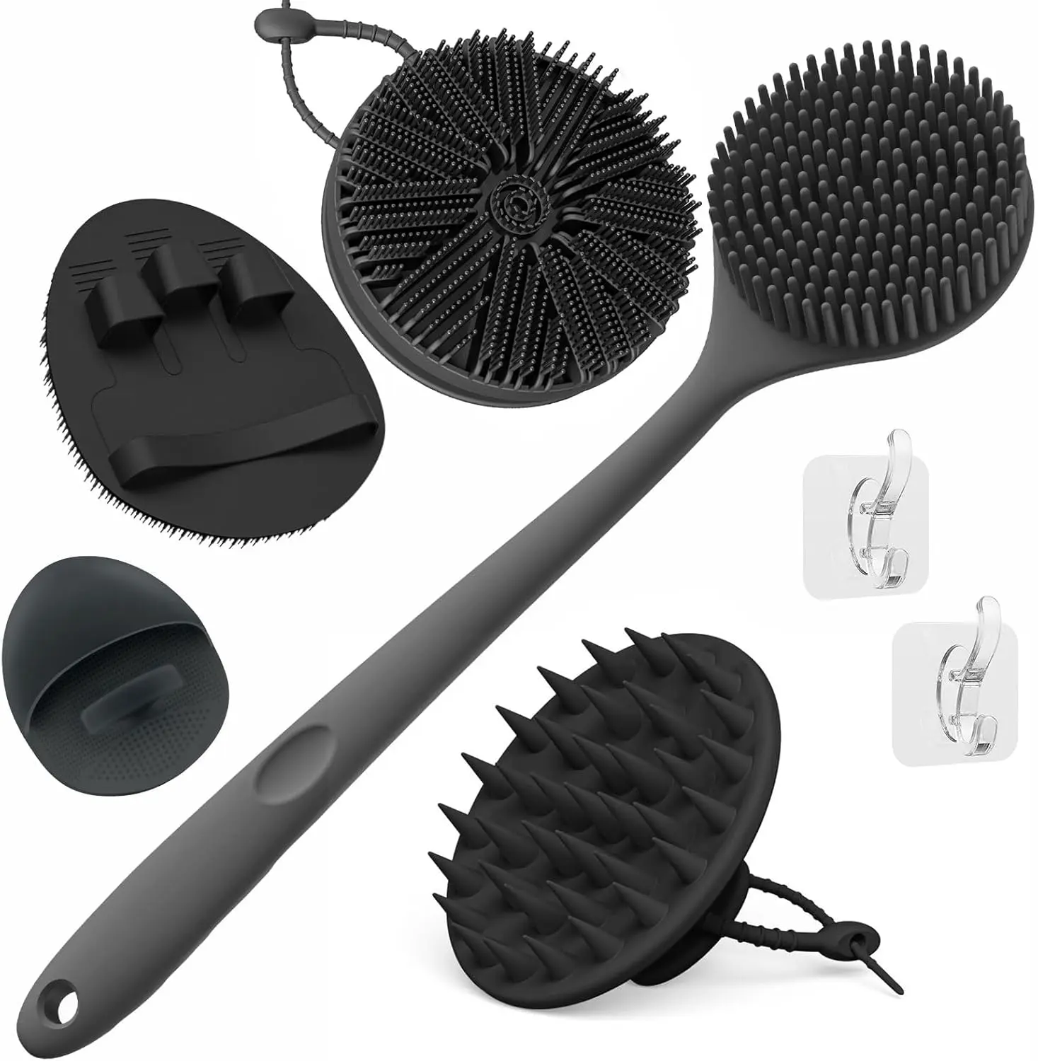 Silicone Back Scrubber & Soft Bath Glove, Silicone Scalp Massager Set 5 PCS, Super-Exfoliating Body Scrubber Shower Brush & Shampoo Brush Combination, with 2 Free Hooks (Style 1 Black)