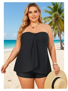 Plus Size Tankini Set Women - Black Bandeau Swimsuit with Boy Shorts, Twist Front, Tummy Control Swimwear for Swimming, Pool, Beach, Vacation - UPF 50+
