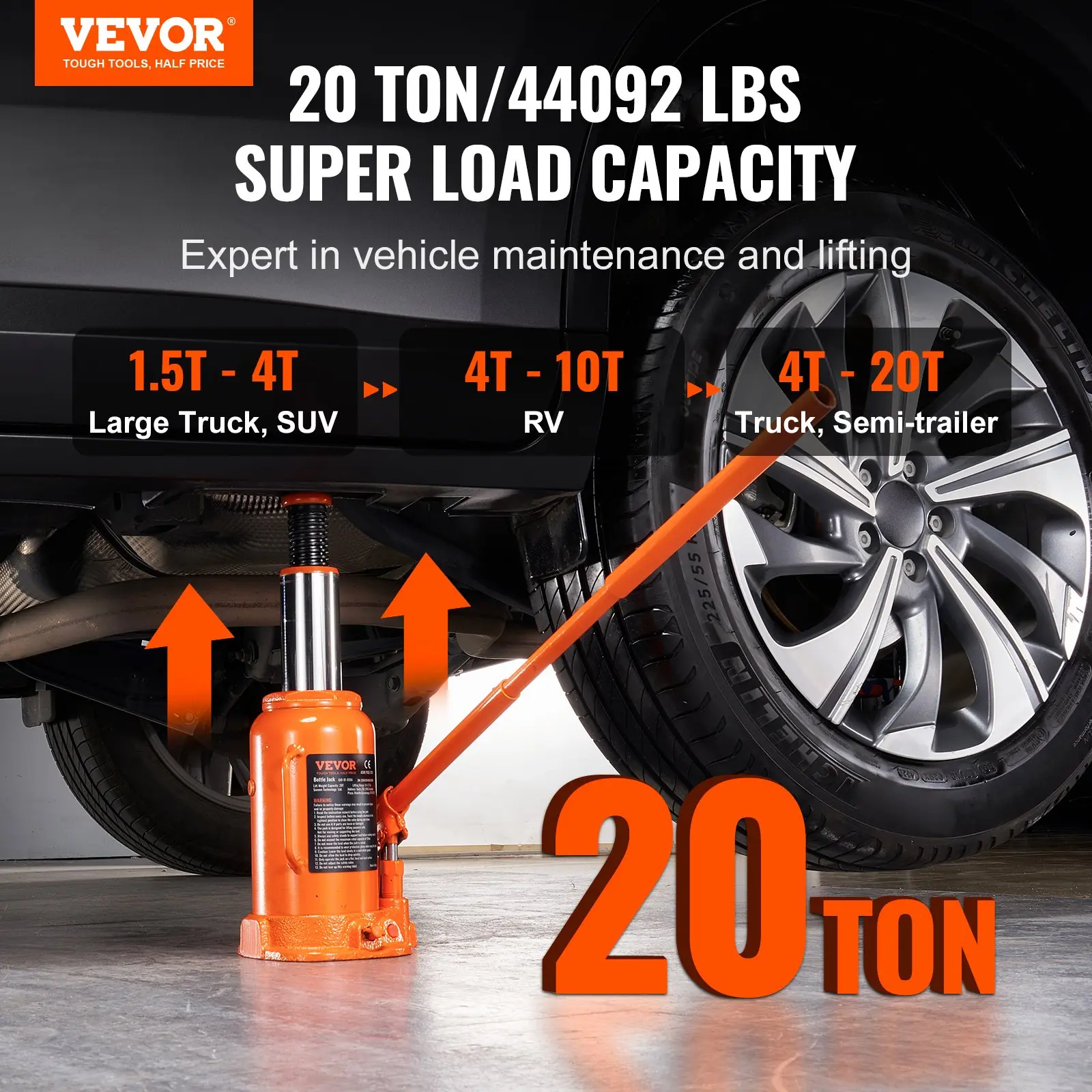 【summerfinds】VEVOR Hydraulic Bottle Jack, 20 Ton/44092 LBS All Welded Bottle Jack, 7.5-14 inch Lifting Range, with 3-section Long Handle, for Car, Pickup Truck, Truck, RV, Auto Repair, Industrial
