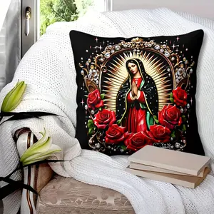 Our Lady of Guadalupe Throw Pillow with Insert, Virgin Mary & Red Roses Print Cushion, Religious Decorative Pillow for Living Room, Bedroom, Church, Catholic Home Decor