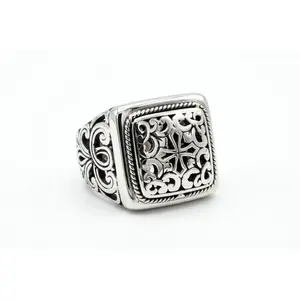 925 Sterling Silver Rectangular Scroll Ring • Detailed Engraved Pattern • Timeless Statement Ring for Men