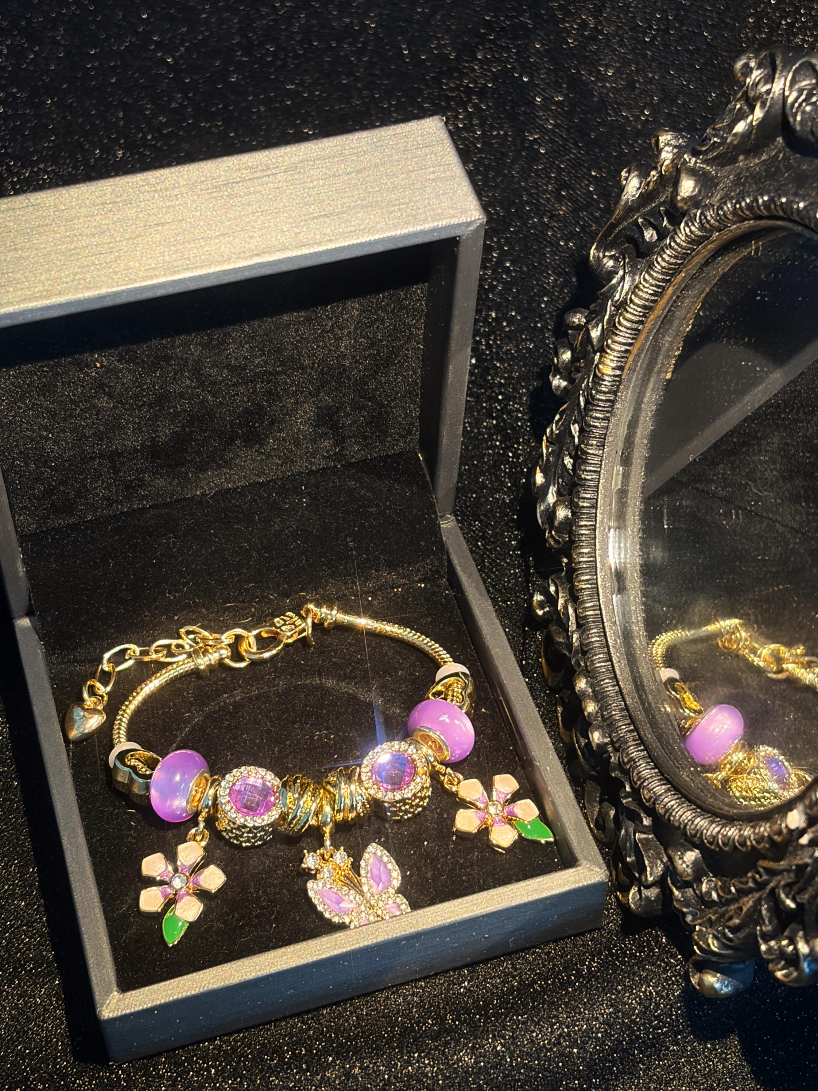 Gorgeous Gold‑Tone Snake Chain Wrist Bracelet for Women, Shiny Beaded Accessory with Sparkling Rhinestone Butterfly Pendant, Enamel Floral Charms and Purple Bead Ornaments, Dreamy Purple‑Tone Wrist Jewelry for Dating Party Daily Outfits