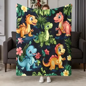 Jurassic Cartoon Dinosaur Flannel Blanket, Soft Plush Pattern, Warm and Comfortable, Home Decor, Sofa Bed Throw, Perfect Gift