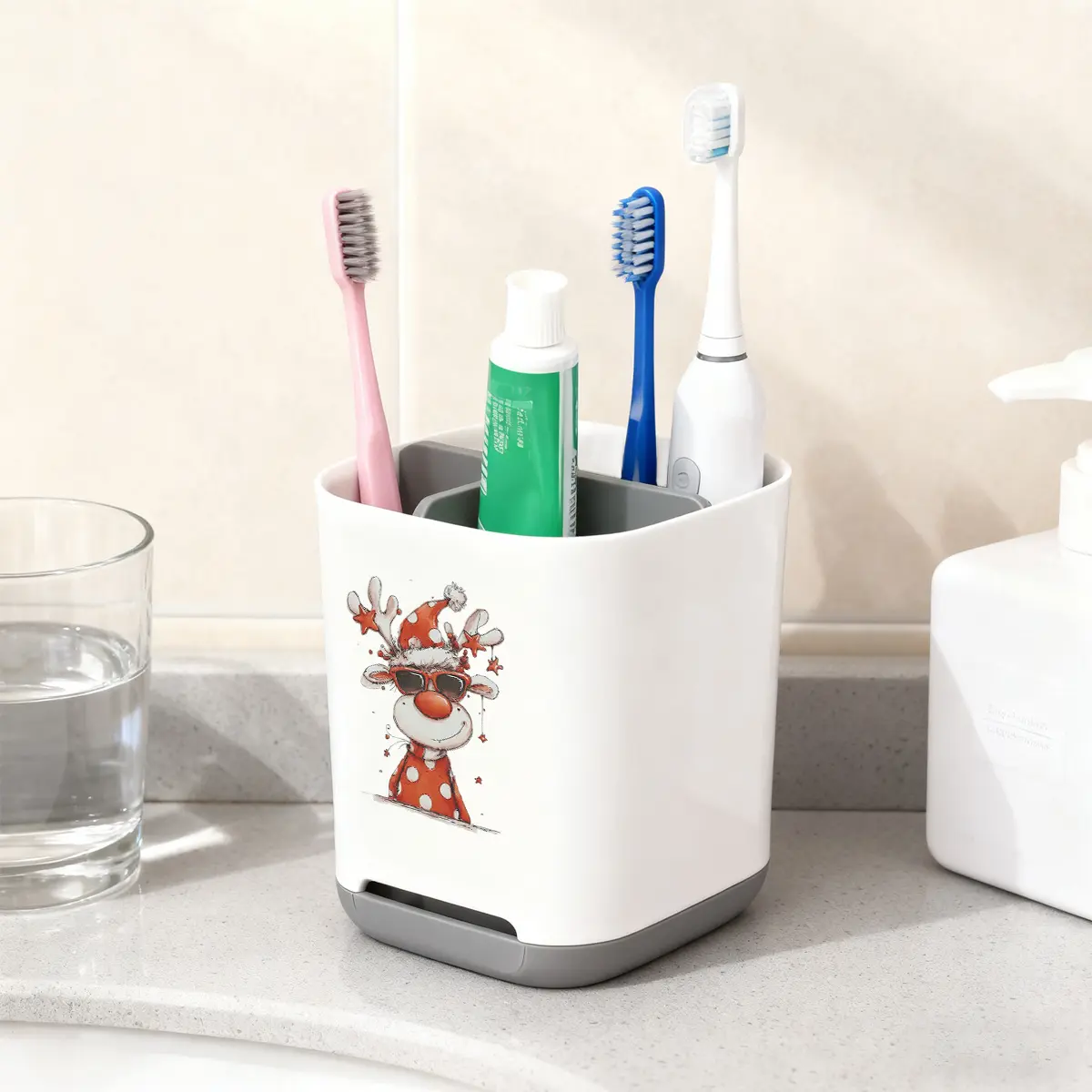 1pc 3 Slot White Plastic Draining Toothbrush Holder with Dividers and Anti Slip Base Christmas elk Illustration Countertop Organizer for Electric Toothbrush Toothpaste Razor Durable Bathroom Storage Lightweight Solution Toothbrush Holder