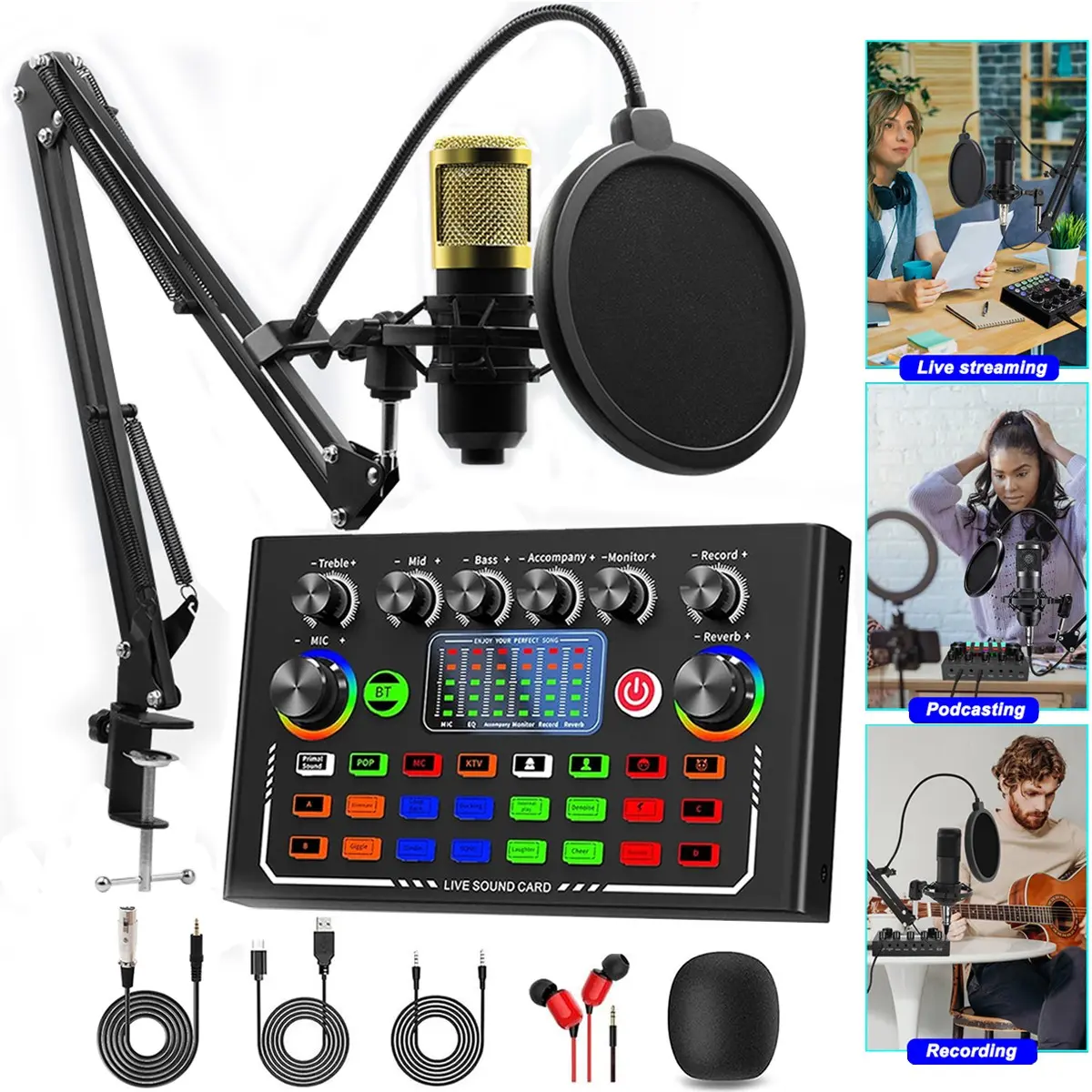 Professional Podcast Sound Card Kit, BT Connection, Bm-800 Microphone Set, for Phone Computer Laptop, Live Streaming, Music, Gaming, Recording Kit, Recording Studio Equipment