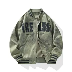 Men's Suede Baseball Jacket, Vintage Texture & Bold Letter Embroidery, Spring/fall Wear, Street Style, Trendy