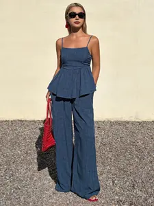 Women's Two-Piece Set Plain Tank Top and Wide Leg Pants, Casual Summer Vacation with Pockets, Slim-Fitting Suit