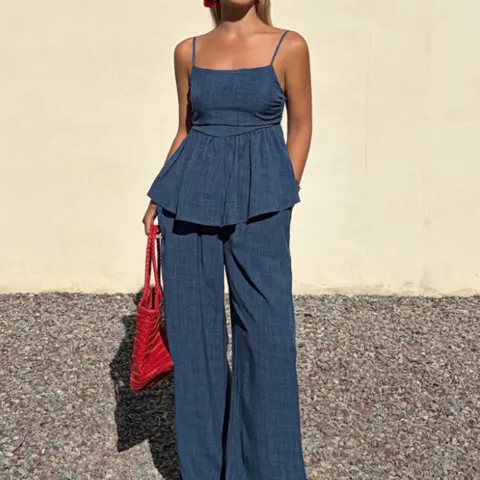 Women's Two-Piece Set, Sleeveless Ruffle Tank Top and Wide Leg Pants with Pockets, Casual Style Summer Vacation Outfit, Casual Beach Set, Palazzo Set