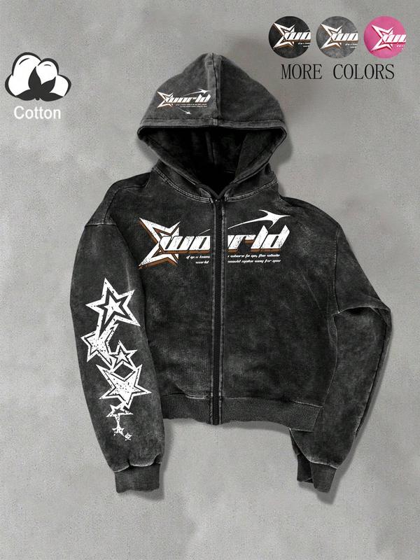 Unisex Street Style Zip Hoodie Jacket, Spring & Fall Thin Cotton Sweatshirt, Xworld Logo Star Pattern, Y2K Campus Hip Hop Fashion