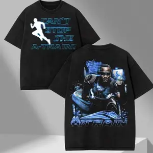 Unisex Washed Black A-Train "Can't Stop The A-Train!" Graphic T-Shirt, Casual Crew Neck Short Sleeve Tee, Front Slogan & Back Character Print, Streetwear Fashion Top