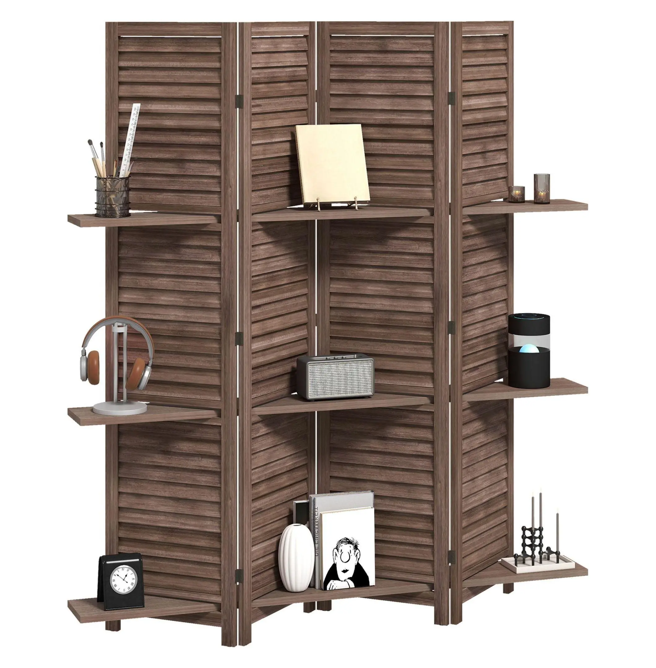 Wood Room Divider 67", 4 Panel Privacy Screen with Shelves, Folding Partition for Home Office, Walnut Finish Default Title
