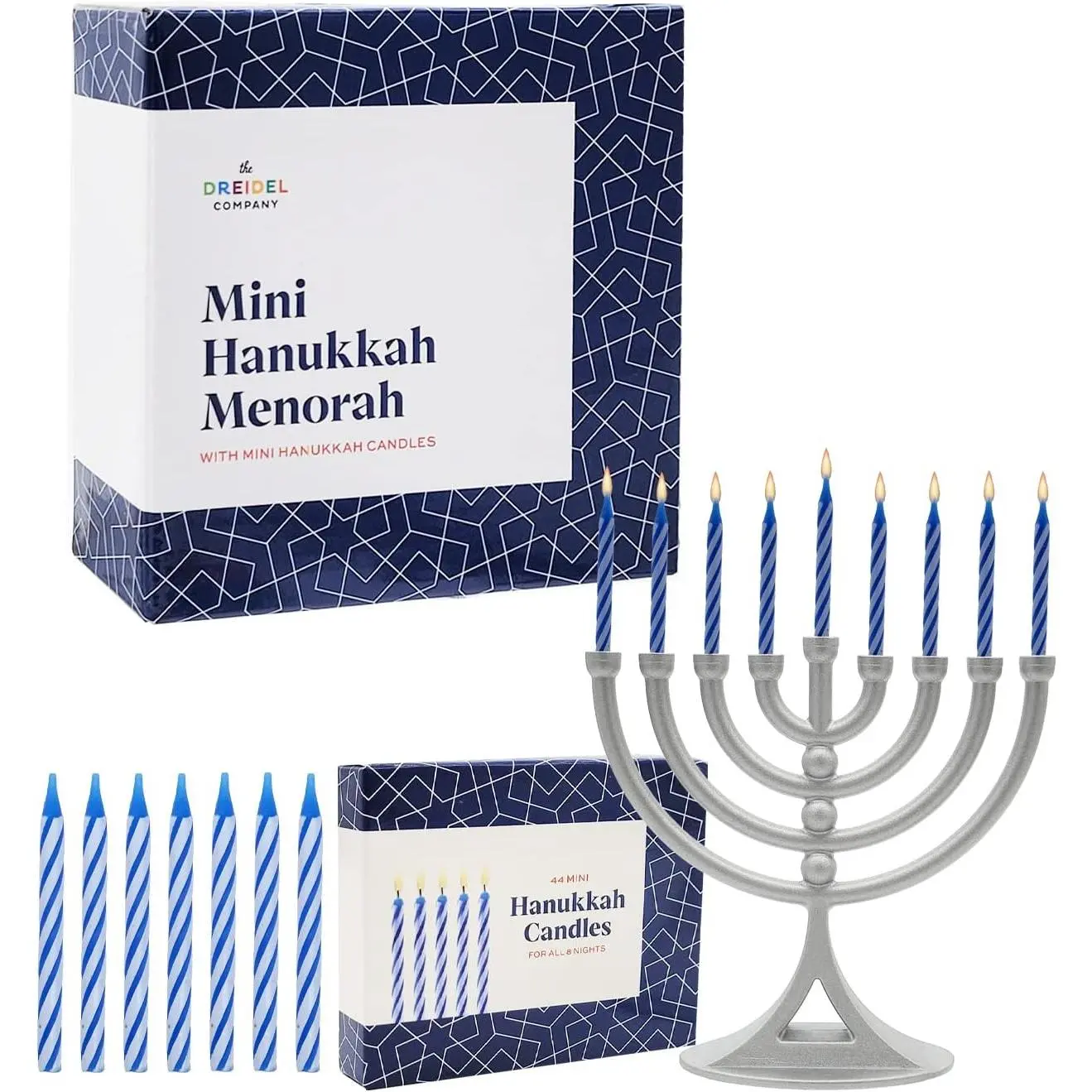 Hanukkah Silver Matte Mini Menorah with Candles Classic 5 Inch Great for Travel, Hanukkah Decor Centerpiece