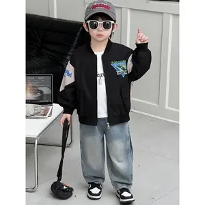 Boys' Polyester Colorblock Letter Baseball Collar Jacket - Spring-Autumn Wear, Zip Closure, Height-Based Sizing for Young Kids