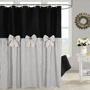 Rustic Farmhouse Shower Curtain - Striped Bottom, Bow Detail, Pattern Design for Cozy Bathroom Decor, Farmhouse Shower Curtains