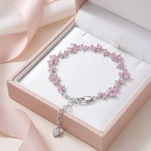 #JY Pink Beaded Butterfly Bracelet - Silver Round Threaded Beads, Stylish Playful Charm, Daily Fashion Costume Jewelry, Jewelry Making Accessory, No Battery Needed Floating Dainty Bracelets & Bangles