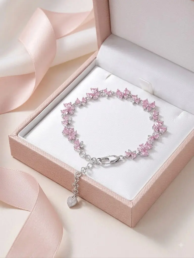 #JY Pink Butterfly Silver Beads Bracelet, Dainty Girly Round Threaded Beads, Daily Fashion Costume Jewelry, Round Beads Stylish Playful Charm Wire Beaded