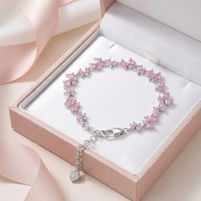 #JY Pink Beaded Butterfly Bracelet - Silver Round Threaded Beads, Stylish Playful Charm, Daily Fashion Costume Jewelry, Jewelry Making Accessory, No Battery Needed Floating Dainty Bracelets & Bangles
