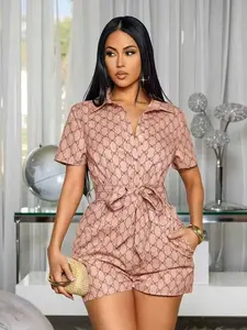 Vintage Full Print Collared Short Sleeve Romper Women, High Waist Tie Belt Shirt Dress with Button and Pockets, Retro Style, Casual Wear, Summer