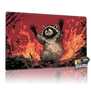 Raccoon in Fiery Chaos MTG Playmat - 12x24in Non-Slip Gaming Mouse Pad, TCG Compatible for Card Game Enthusiasts, Family Gathering & Gift, Distress Desperate Burning Scene Design