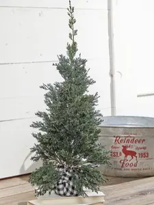 24" Plastic Cedar Tree in Black & White Buffalo Fabric Bucket