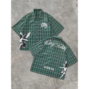 Men’s American street-style short-sleeved checkered shirt with an angel letter print, casual and unique fashion, suitable for all seasons GARMENTARY