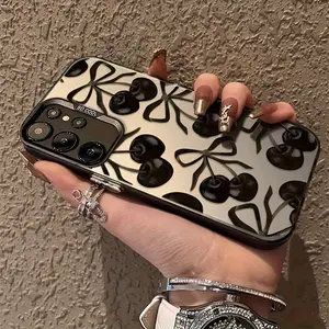 Stylish Black Cherry Pattern Phone Case Compatible with for samsung for galaxy S25 S24 S23 S22 S21 S20 FE Ultra Plus 4G 5G, Featuring a Matte Anti-Drop Back Cover.