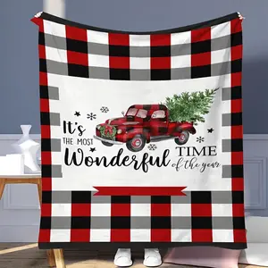 Festive Red and Black Buffalo Plaid Flannel Throw Blanket Featuring Cartoon Truck and Christmas Tree Print for Cozy Comfort and Versatile Use All Year Round