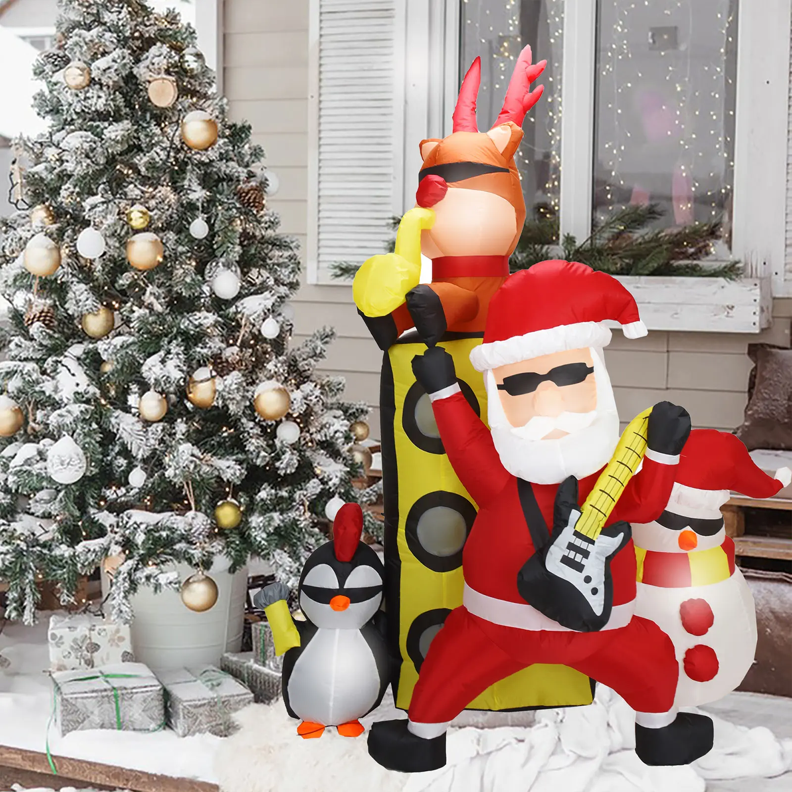 8FT Christmas Inflatables Santa with Friends Reindeer&Penguin&Snowman Holding Concert Outdoor Decorations with Led Lights Xmas Blow up Yard Decorations for Lawn Garden Patio Holiday Party Decor