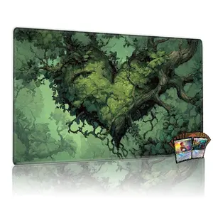 TCG, MTG, CCG RPG trading card game MATS, mystical heart-shaped tree, lush green foliage, gnarled branches, anti-slip, washable, desk surface protector, unique table decor, 14x24 inches