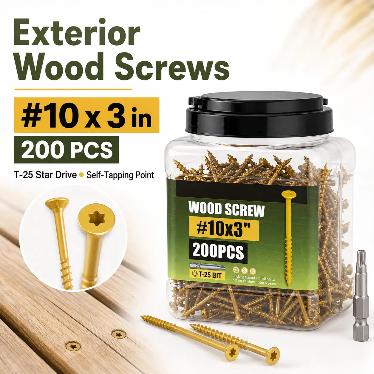 Gold Deck Screws, #10 x 3 in, 200PCS Epoxy Coated Torx Star Drive Wood Screws with T25 Bit, 1000Hrs Salt Spray Rust Proof, for Home Supplies Home Organizers Storage Bottles Tin Use
