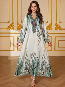 Middle Eastern Muslim Tree Print Heavy Embroidery Ethnic Long Sleeve Abaya Dress, Fitted Glossy All-Seasons Wear