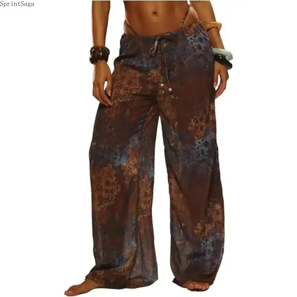 Women's Boho Wide Leg Pants with Elastic Waist, Casual Baggy Drawstring Trousers, Lightweight Quick Dry Beach Swim Cover Up Bottoms, Boho Style, Oversize, Loose, Chic Boho Trousers