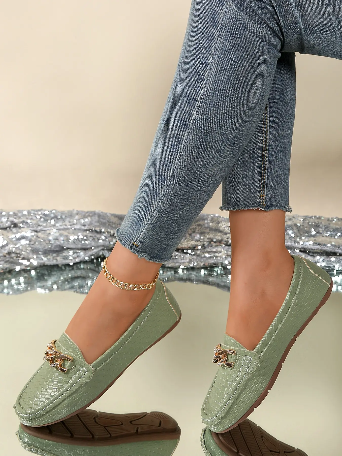 Women's Loafers, Woven Texture Metal Buckle Casual Flats, Slip-On Comfortable Single Shoe, Casual Daily Commute and Leisure Wear, Pu Leather Loafers