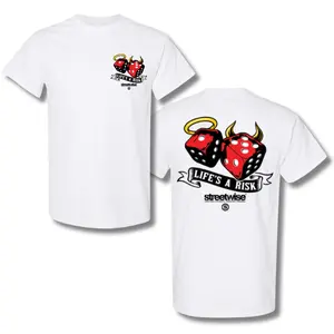 Streetwise "Life’s A Risk" T-Shirt – Graphic Tee Featuring Dice with Halo & Devil Horns, Bold Streetwear Design for Risk-Takers and Urban Style Fans, 2 Sides. Crewneck Classic Menswear Top