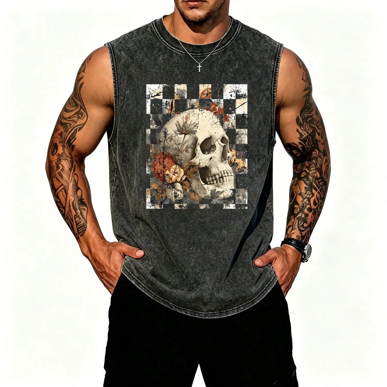 Gothic Mexican Style Skull Floral Print Sleeveless Vests Loose Fit Distressed Streetwear Jacket for Summer Gym Casual Wear Machine Washable Round Neck Top Halloween Everyday
