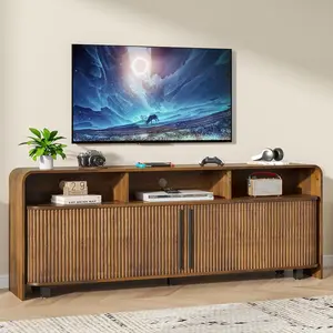 Fluted TV Stand for 75 65 80 Inch TV, 70 Inch Long Walnut Entertainment Center, Large Mid Century Modern TV Console Media, Adjustable Shelves, Sliding Doors, Living Room