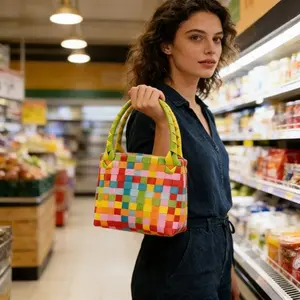 Mini Basket Design Candy Color Woven Bag, Fashion Versatile Handbag, Picnic Handbasket, Beach Bag, Stylish and Practical