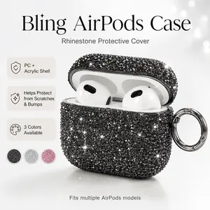 Bling Rhinestone AirPods Case Cover with Keychain, PC + Acrylic Sparkly Protective Earbuds Case for AirPods 1/2/3/4/Pro/Pro 2/Pro 3, Scratch & Bump Resistant