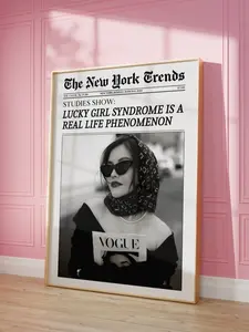 Trendy Newspaper Print, Lucky Girl Syndrome, New York Times Wall Art, Magazine Headline, Retro Bar Cart