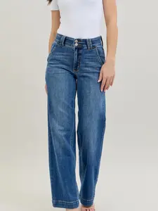 Judy Blue Double Button Wide Leg Medium Wash Jeans