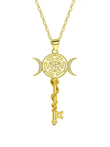 Hecate Triple Moon Goddess Key Charm Necklace, Gold Plated Pentagram Witches Knot Pendant Necklace, Tetragrammaton Amulet Jewelry Gifts for Women Men