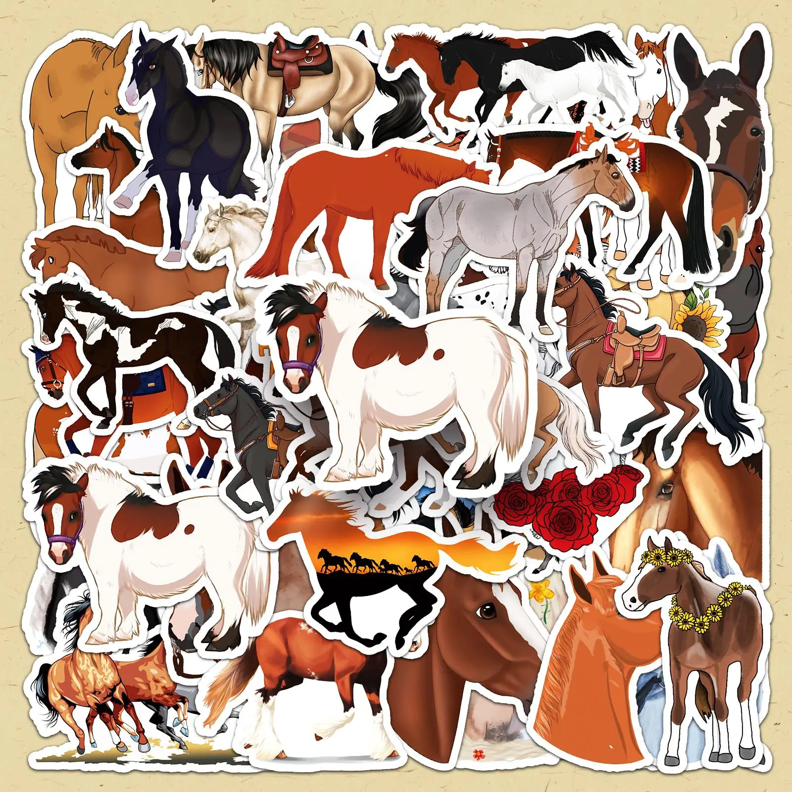 Horse Pattern Sticker, 50pcs/set Cartoon Animal Decorative Sticker, DIY Decals for Water Bottle, Laptop, Cellphone, Phone Case, Scrapbooking, Journal Making