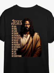 Stylish JESUS Long Hair Illustration Black T-Shirt - Embellished with Golden-Brown Religious Titles Casual Crew Neck Design Ideal for Faith-Inspired Events Gifts for Friends and Family